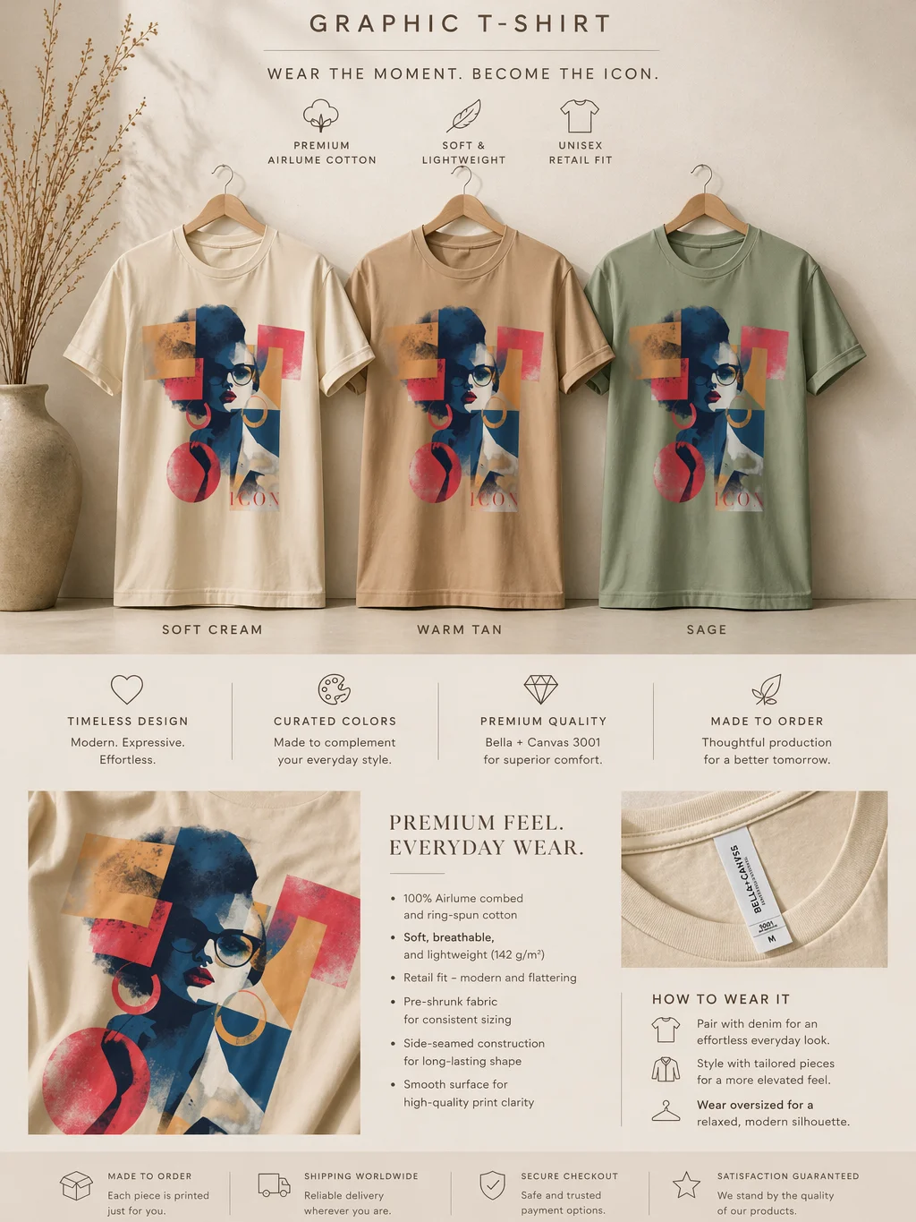 ICON Graphic T-Shirt – Premium Unisex Tee in Soft Cream, Warm Tan & Sage product image (2)