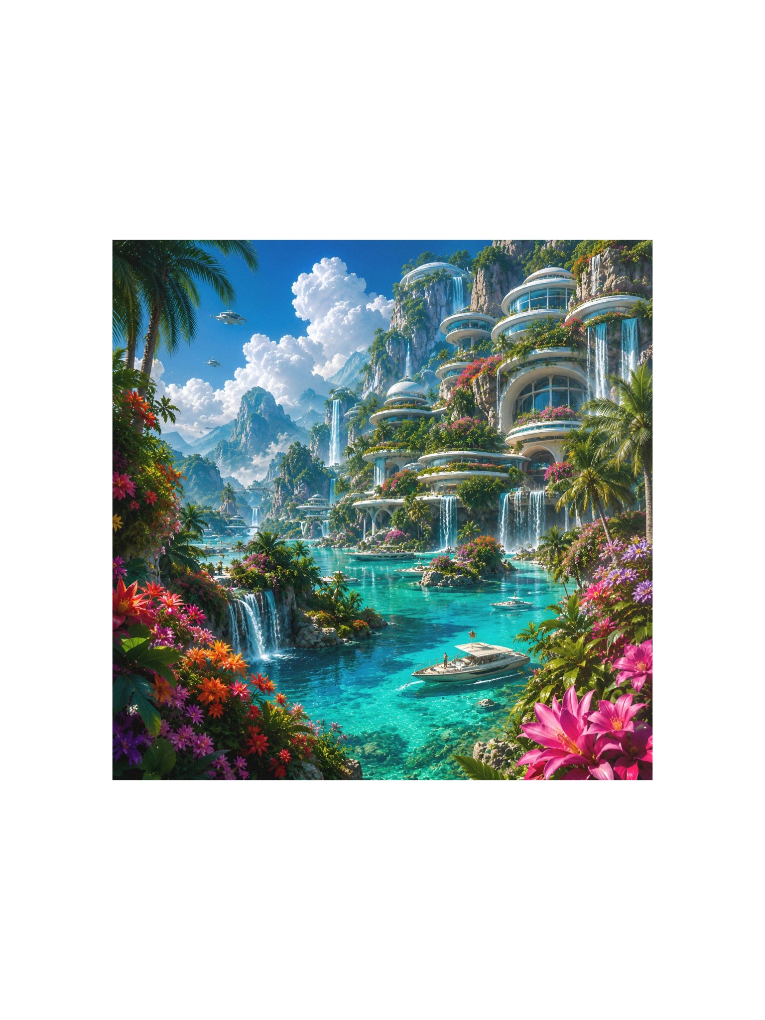 Futuristic Tropical Paradise Waterfall City, Turquoise Lagoon Sci-Fi Wall Art Poster* product image (2)