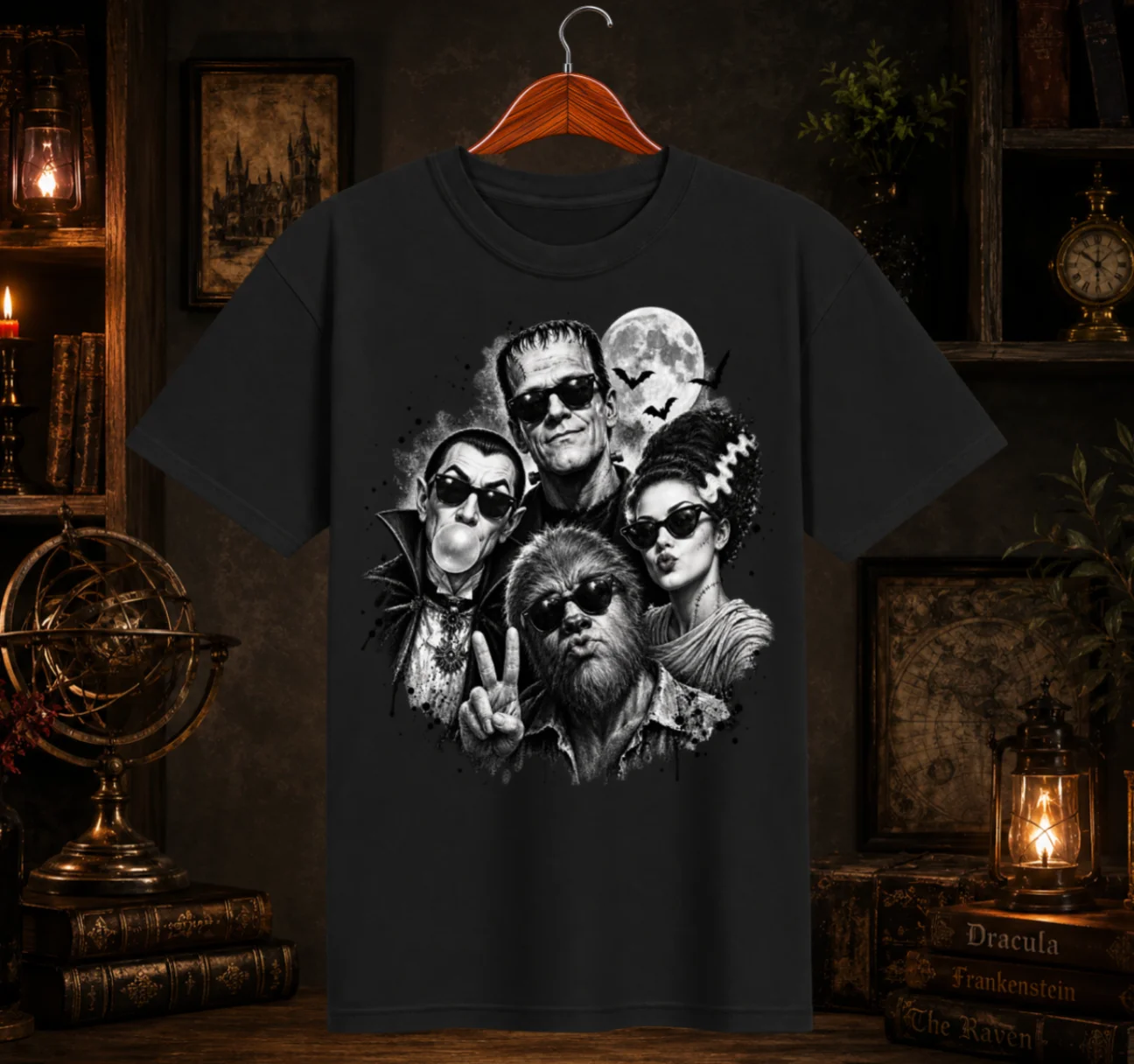 Classic Horror Monsters Selfie Graphic T-Shirt | Retro Cool Monsters Graphic Tee product image (1)