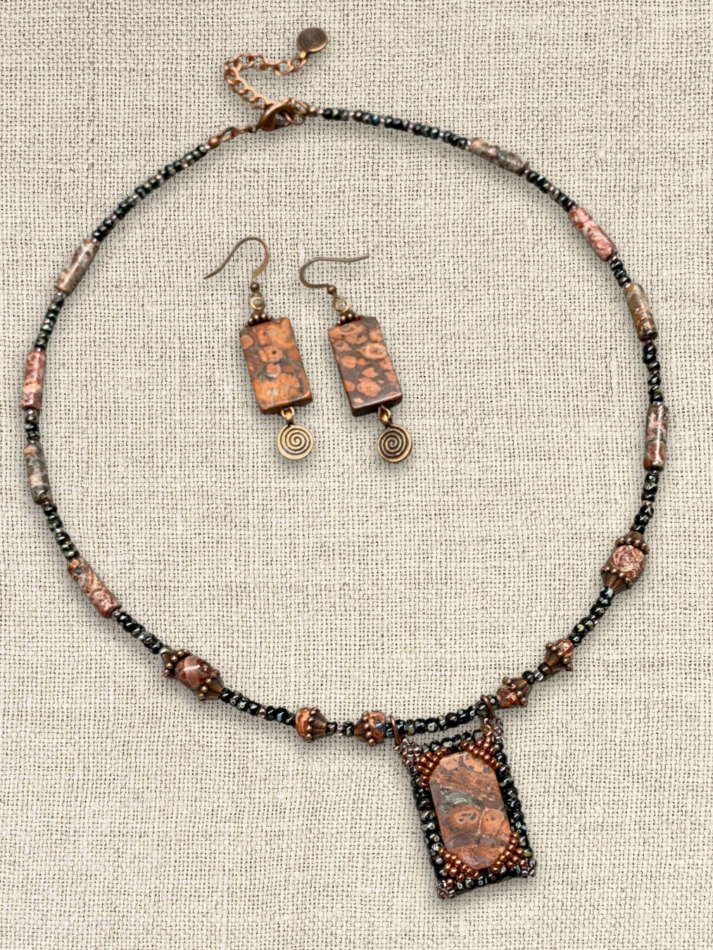 Leopard Print Jasper Red/Black Beaded Pendant Necklace and Earrings product image (4)