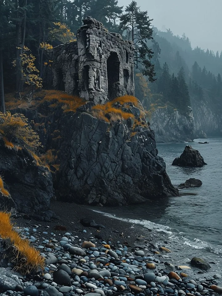 Misty Cliff Ruins Framed Art Poster product image (1)
