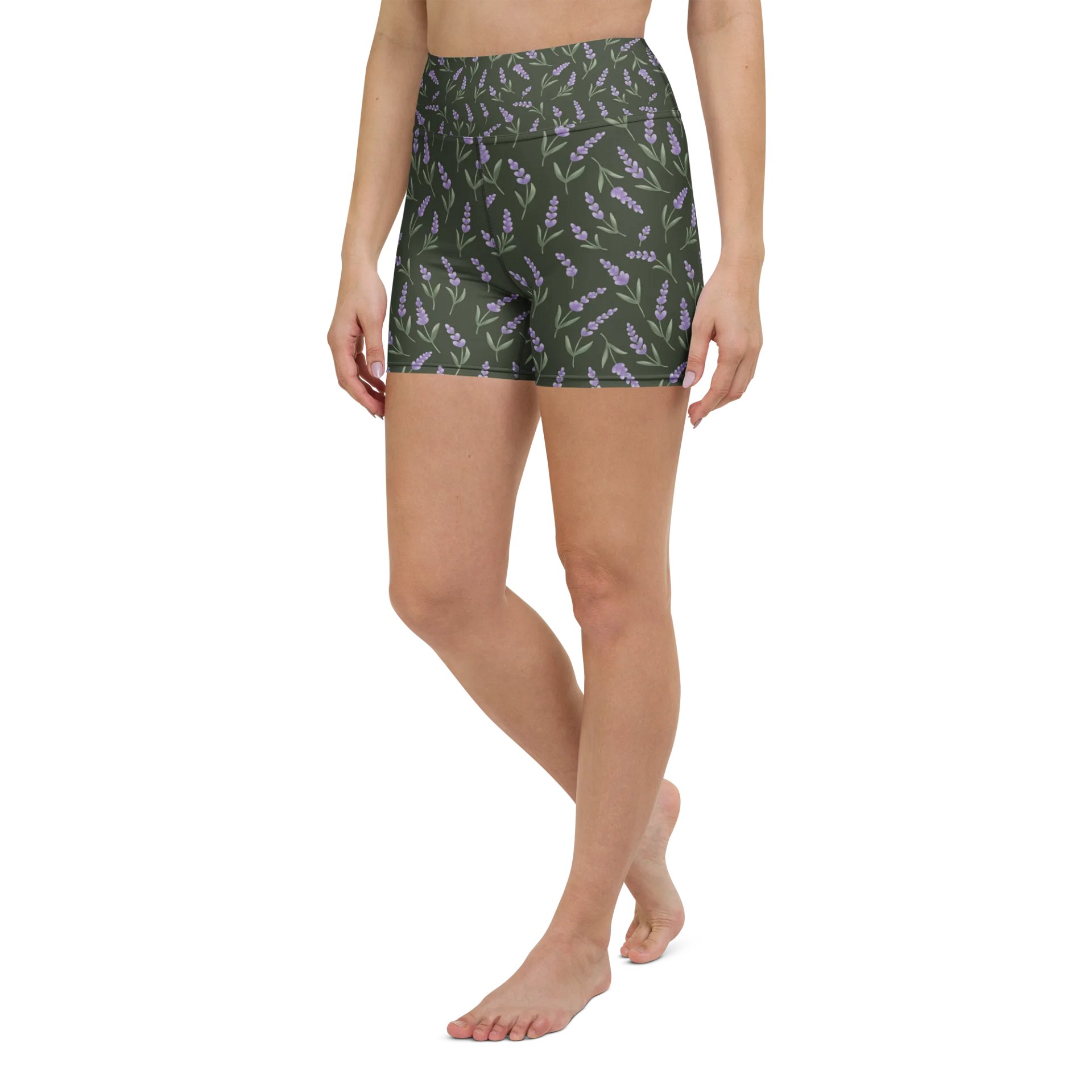 All-Over print yoga shorts with lavender pattern on green background. Eco-Friendly activewear product image (5)