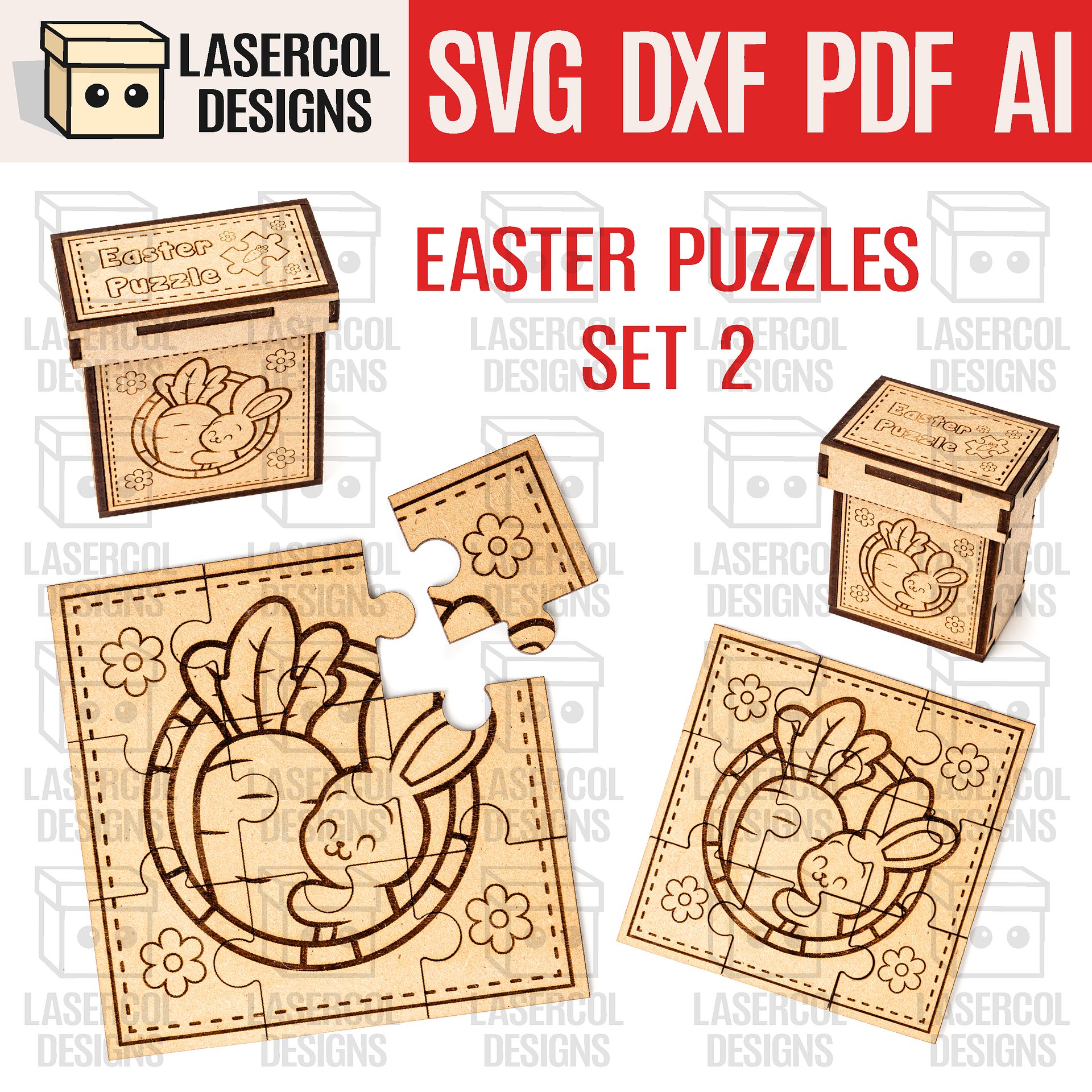 Easter Bunny Puzzle With Box Set 2 (2 Sizes) - Laser Cut Files product image (1)