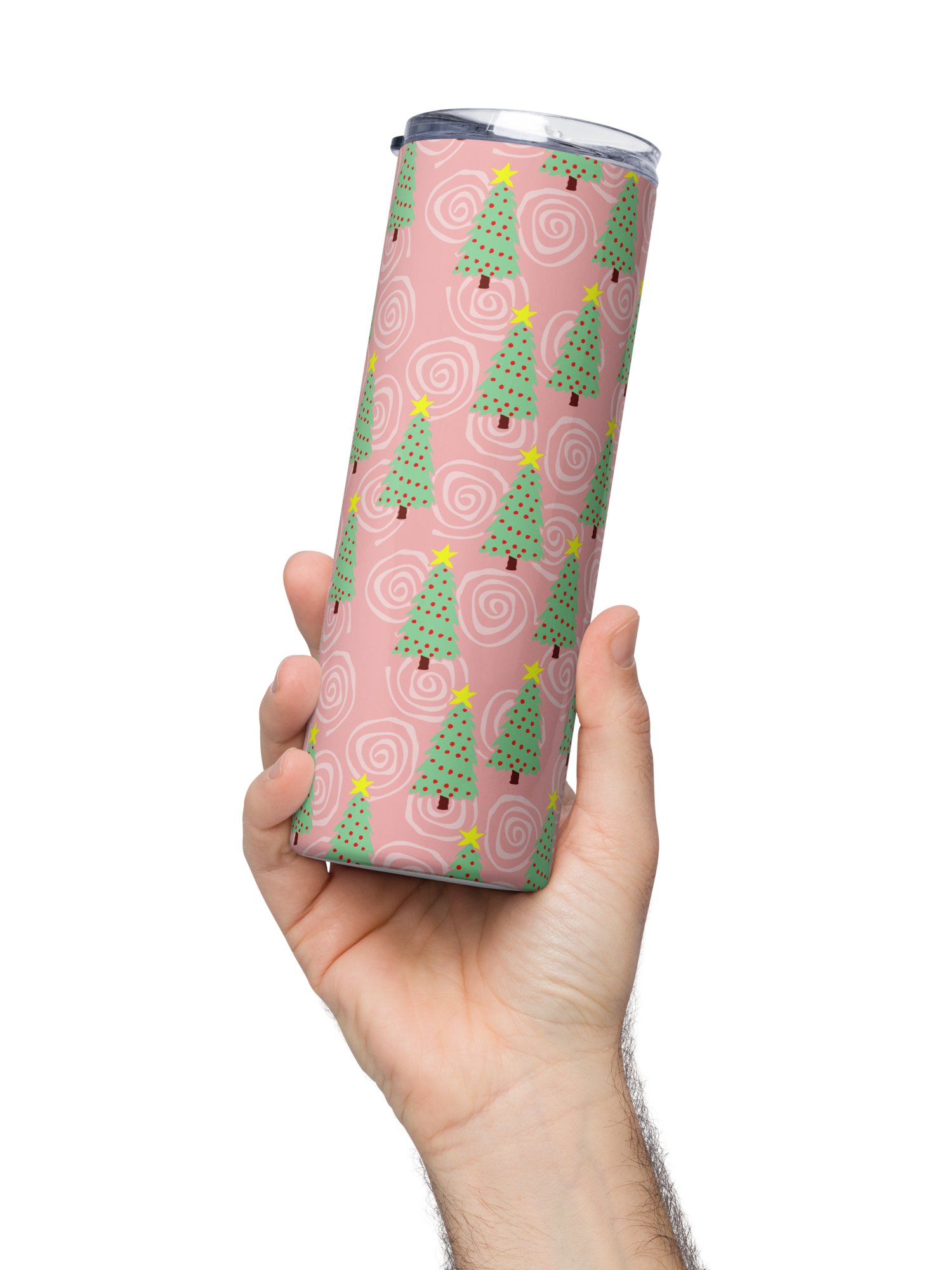 Green Christmas Trees on Pink Spirals Stainless Steel Tumbler with Straw product image (3)
