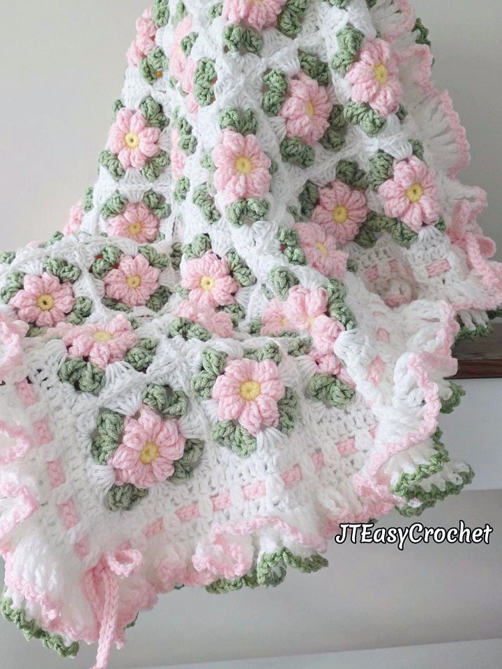 Crochet Pattern & VIDEO, Coquette Flowers Baby Blanket, Floral Granny Squares Throw product image (2)