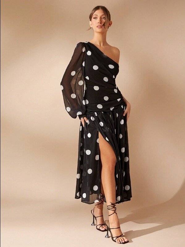 L'Amorae Elegant Polka Dot One Shoulder Long Sleeve Drop Waist Flowy New Year Holiday Party Maxi Dress product image (1)
