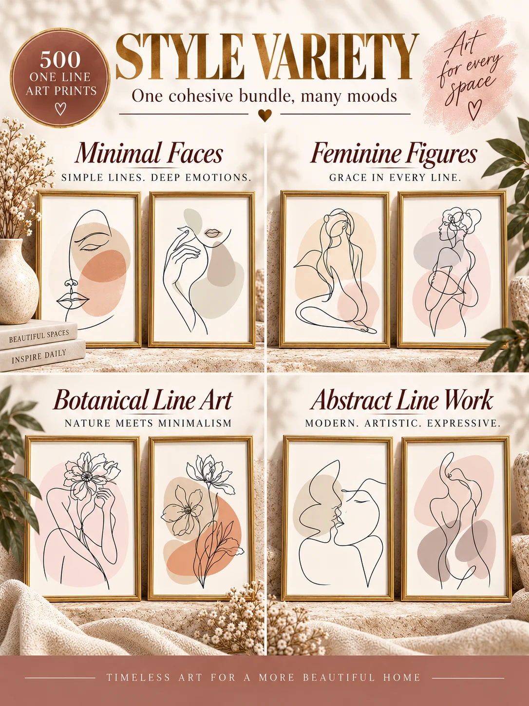 500 One Line Art Prints Bundle, Minimalist Woman Wall Decor, Feminine Body Drawings product image (4)