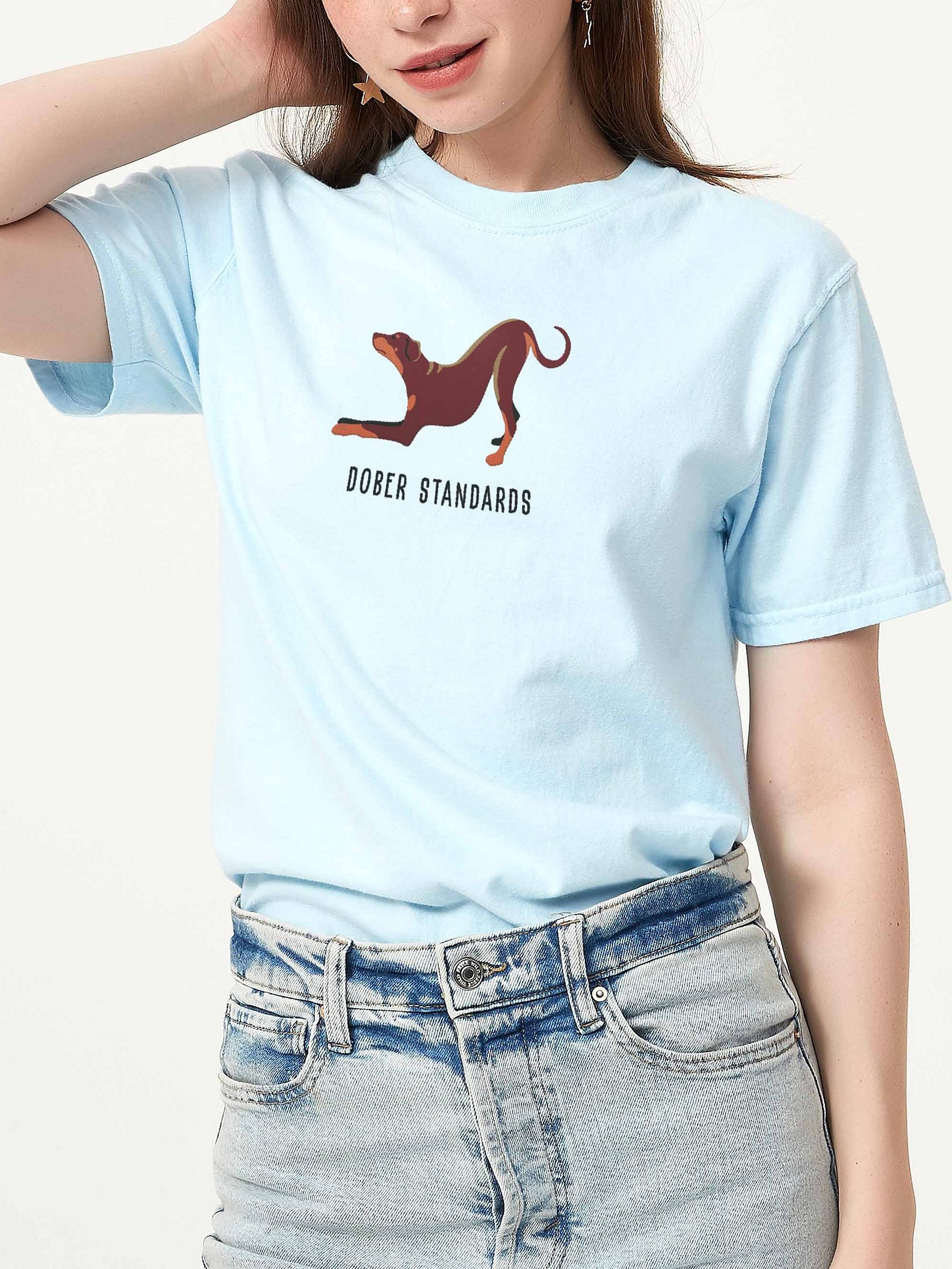 Dober Standards T-Shirt(Embroidered) of a Doberman Pinscher(Red - Full Tail & Ears) product image (2)