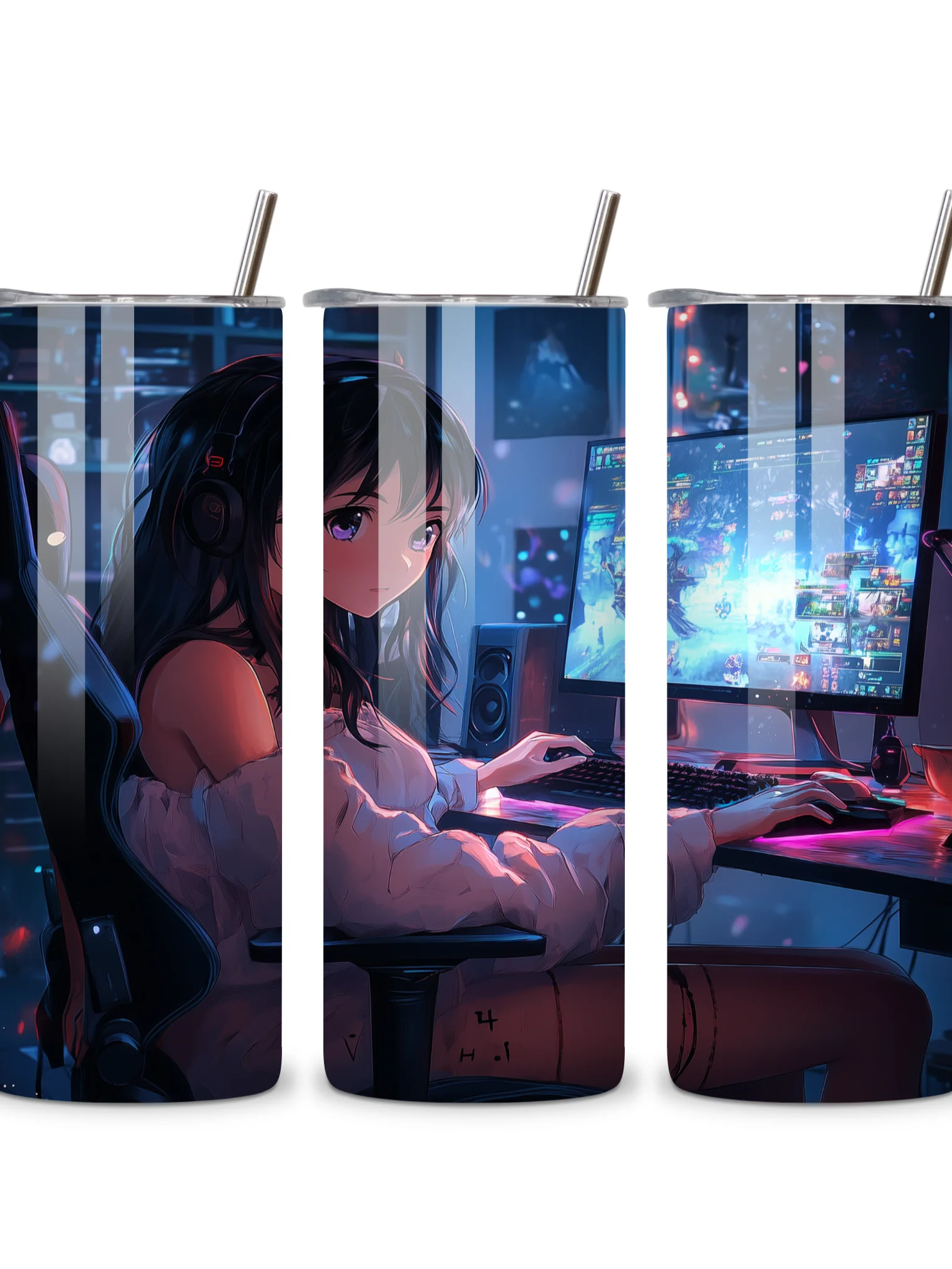 Anime Gamer Girl 20oz Skinny Tumbler with Metal Straw – Vibrant Gaming Setup Design – Double-Walled Insulated Stainless Steel Tumbler Gift for Anime and Gaming Fans (Anime Girl 2) product image (3)