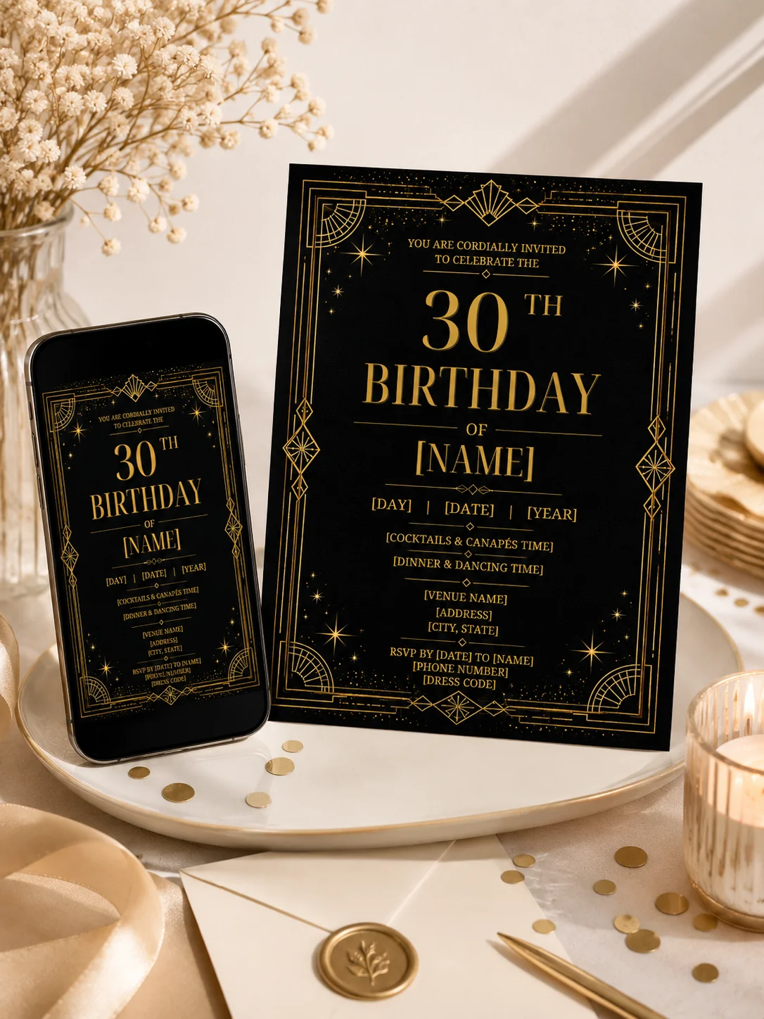 30th Birthday Invitation Template, Editable Gold Milestone Invite, Printable Black Gold Party, Canva Instant Download Digital product image (3)