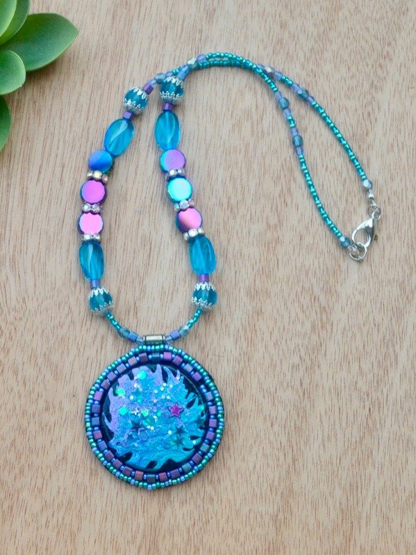 Sparkly Blue and Silver Handmade Beaded Pendant Necklace With Stars and Shimmer - Wearable Art product image (1)