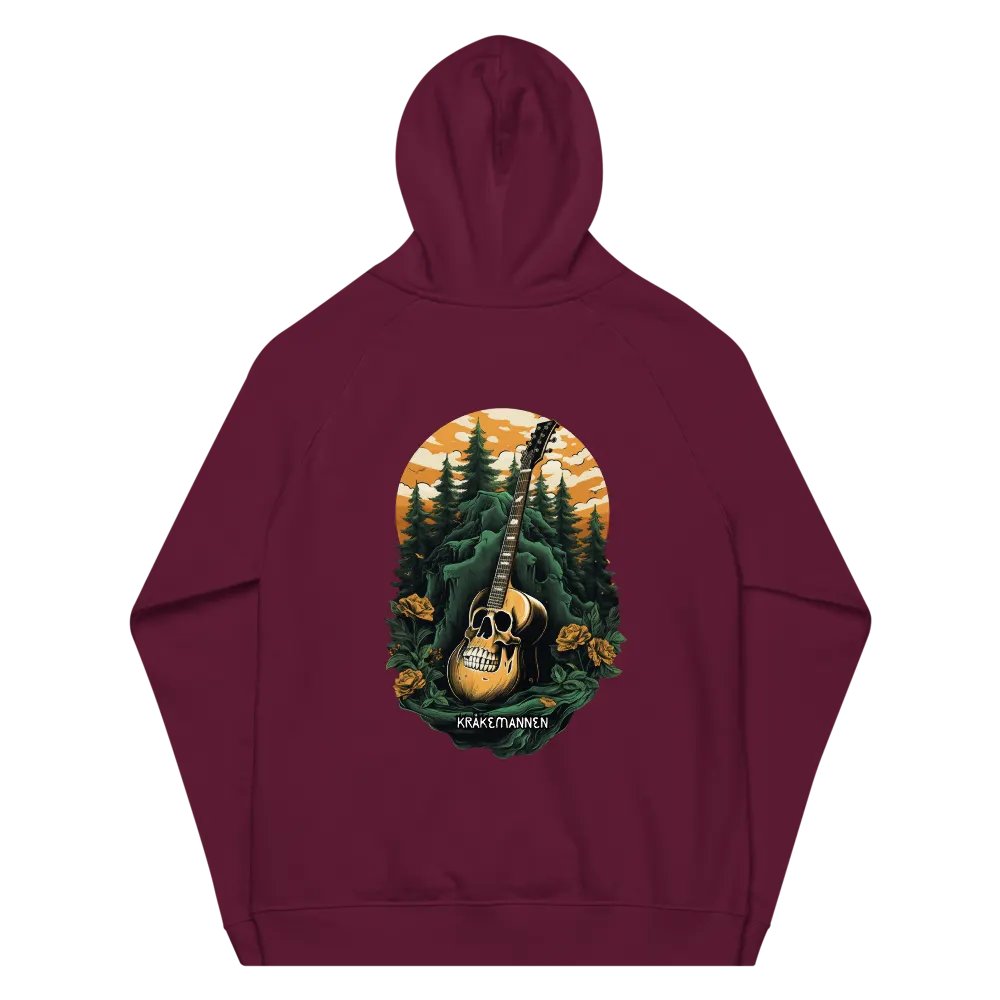 Unisex Eco Raglan Hoodie 🌲 Dark green spruce forest with a skull-shaped guitar product image (3)