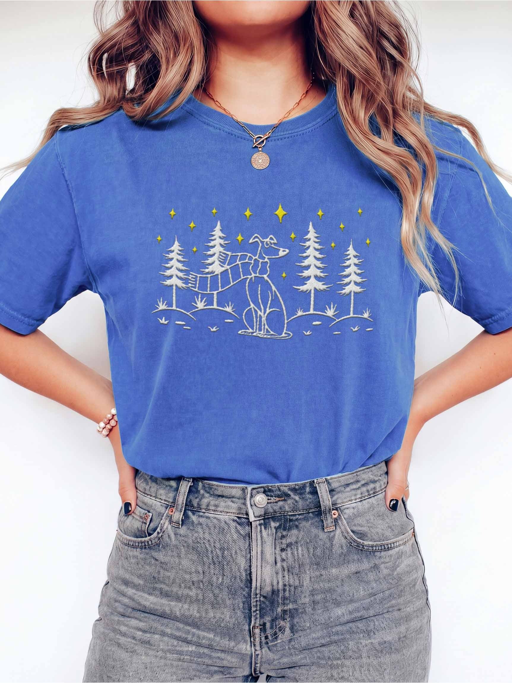 Greyhound Winter/Christmas Line Art Design Embroidered T-Shirt product image (2)