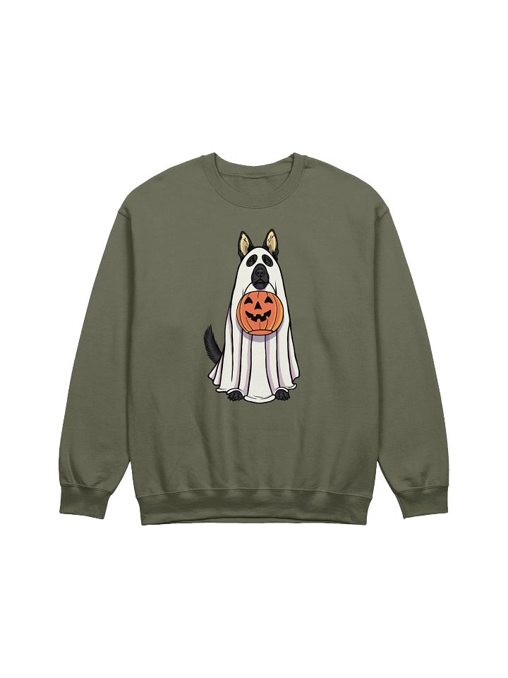Funny Halloween German Shepherd(Black) Sweatshirt | Funny GSD Wearing a Ghost Costume and Holding a Pumpkin Basket product image (1)