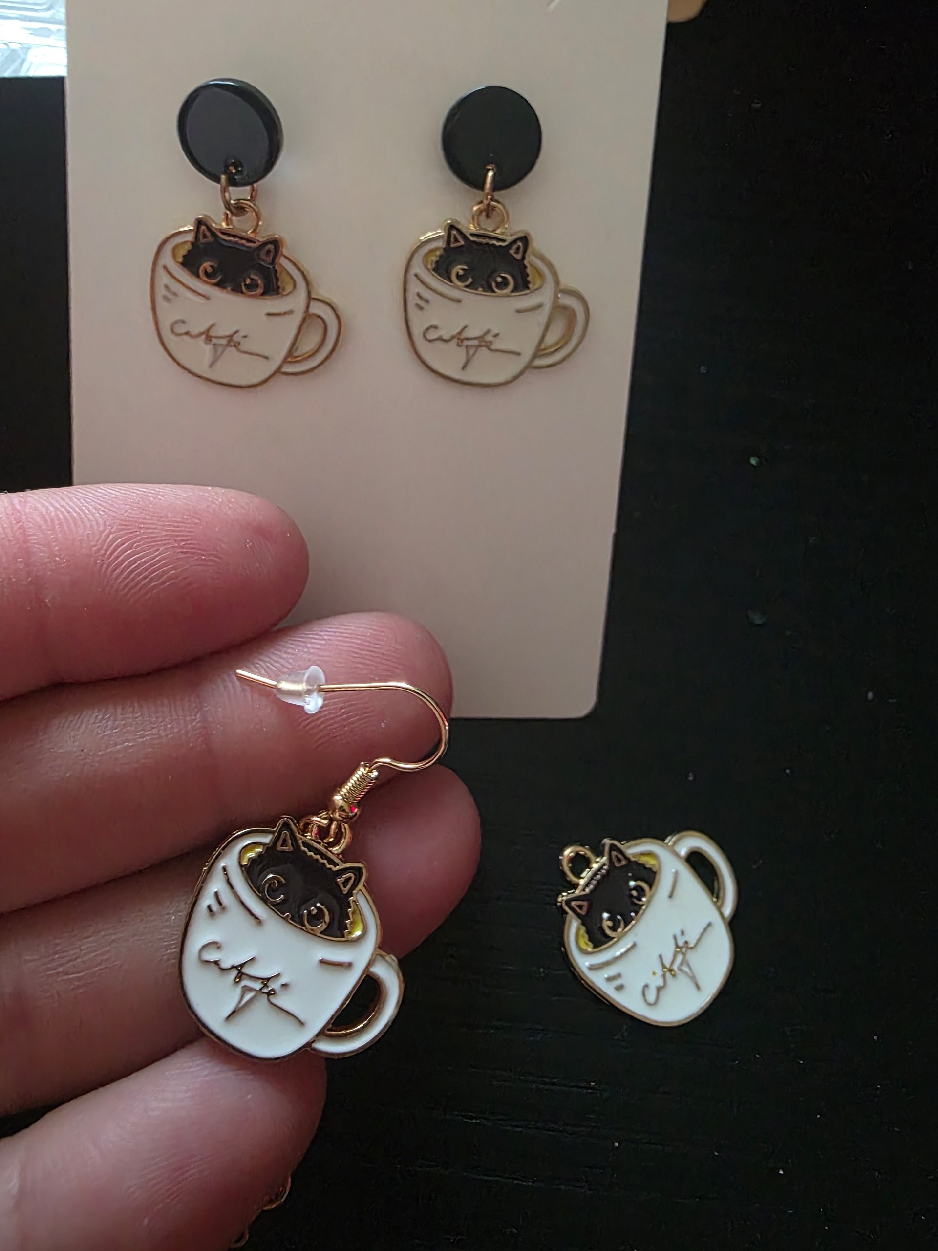 Purrrfectly Cozy Café Cat Earrings - Gold Dangle Hooks product image (1)