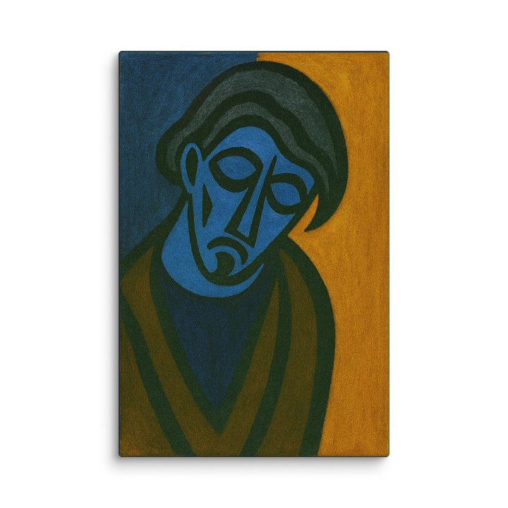 “Split Silence” – Abstract Blue Portrait Canvas – Geometric Cubist Wall Art product image (1)