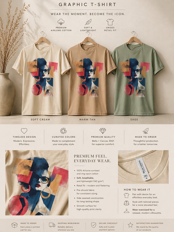 ICON Graphic T-Shirt – Premium Unisex Tee in Soft Cream, Warm Tan & Sage product image (2)