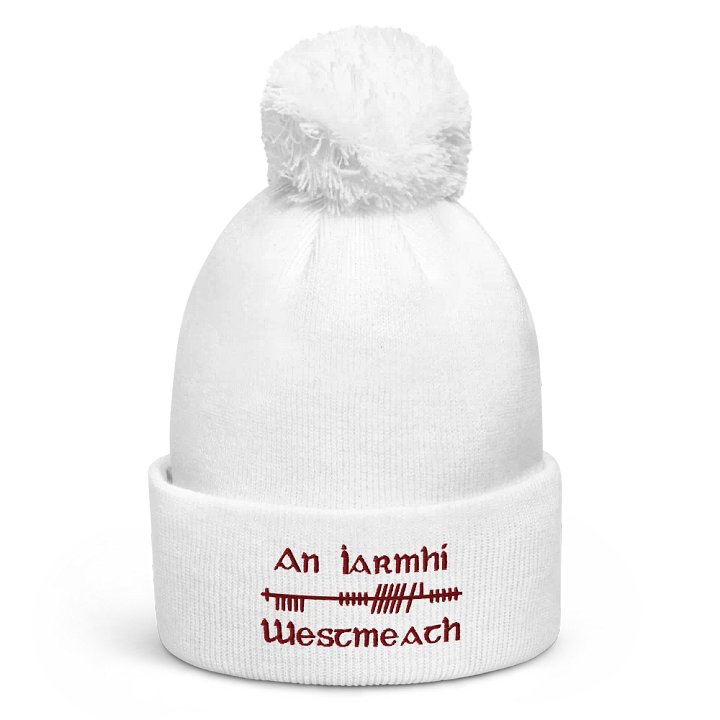Westmeath/An Iarmhí, Orthodox style Ogham, white with maroon, embroidered Pom-Pom Beanie product image (1)
