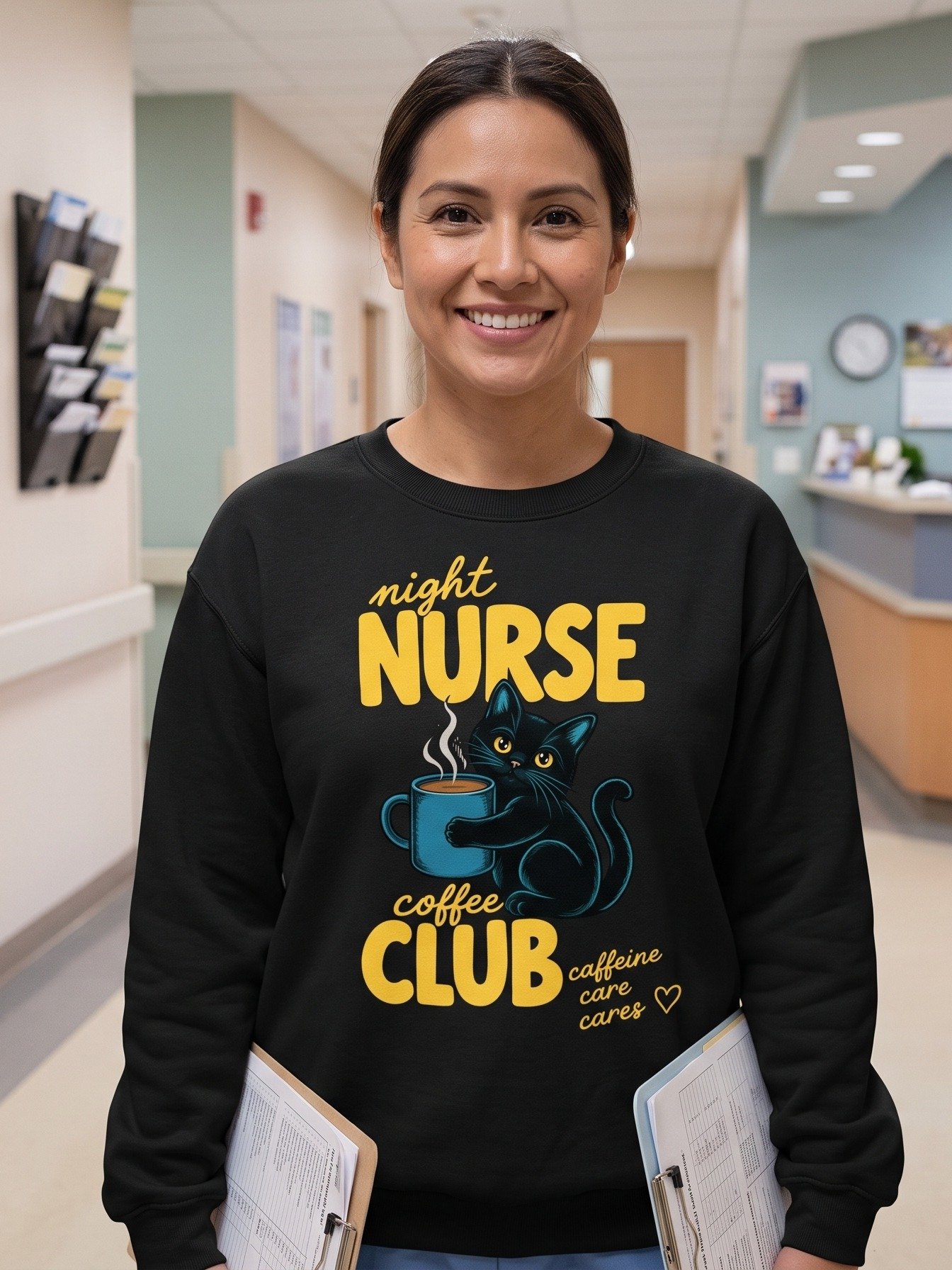 Night Shift Nurse Coffee Sweatshirt | Black Cat Nurse Gift product image (3)