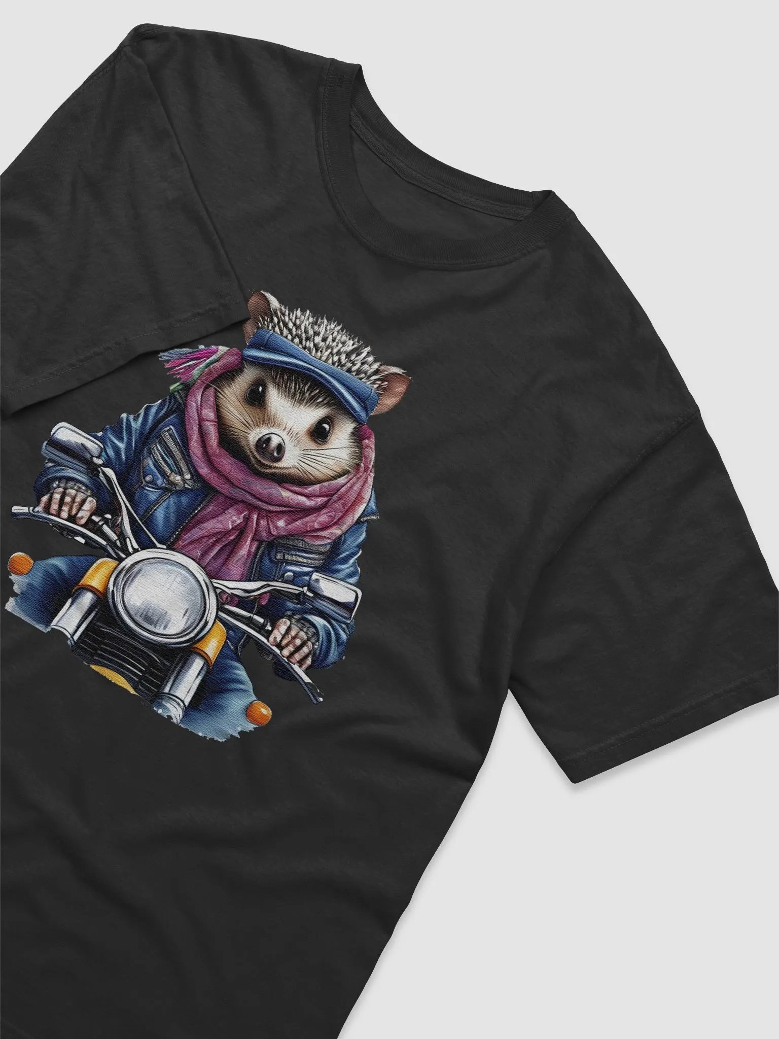 hedgehog wearing a jacket hat and a scarf on a motorcycle product image (3)