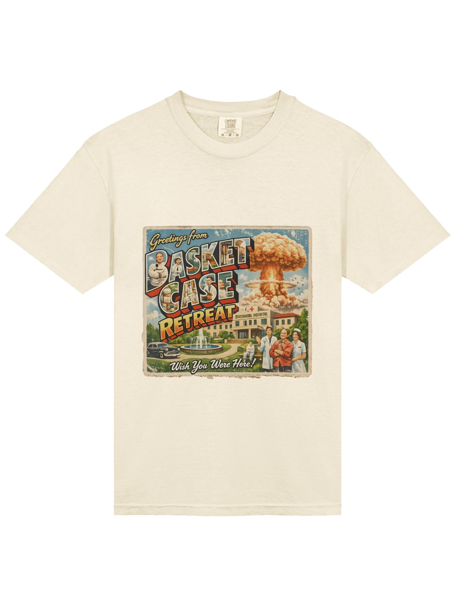 Basket Case Retreat Tee – 90s Retro Apocalypse Postcard Shirt product image (4)