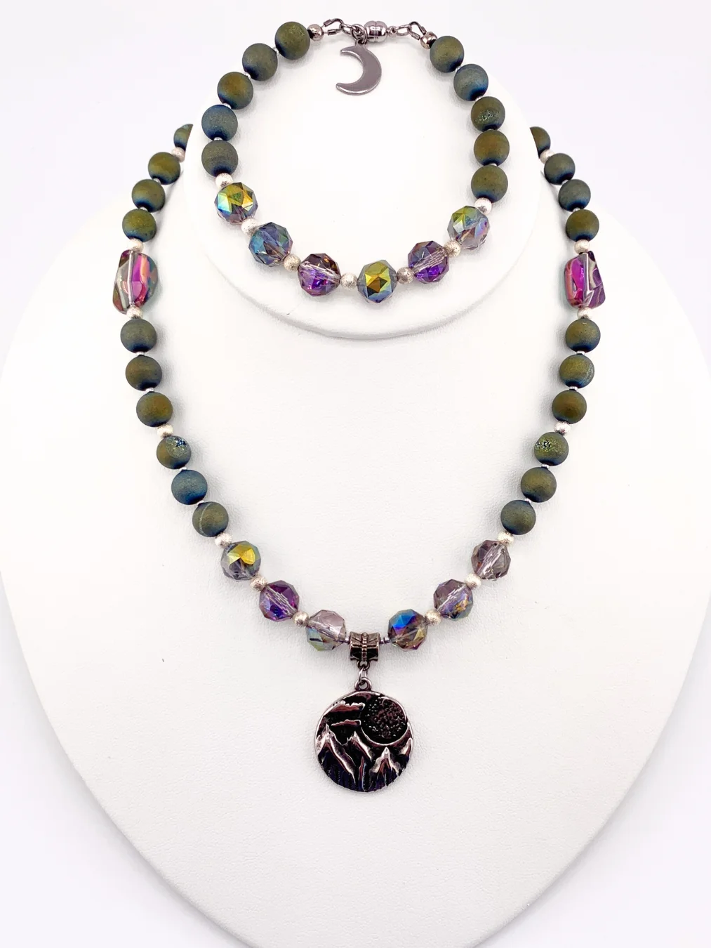 Mountain Scene Druzy Agate and Crystal Pendant Necklace, Bracelet, and Earrings Set product image (2)