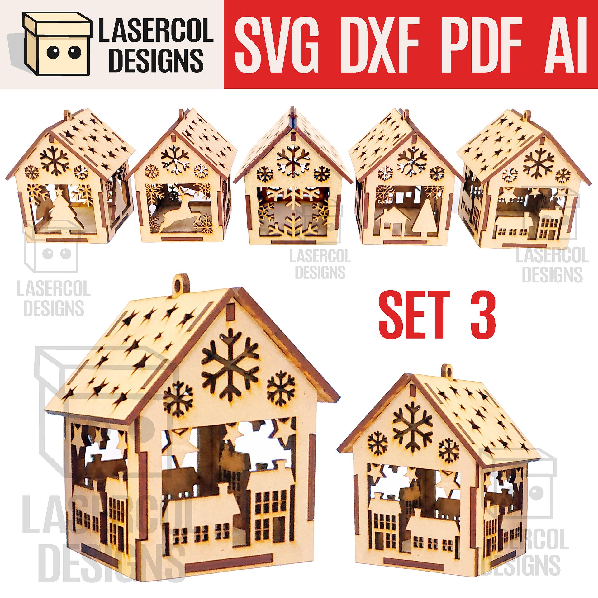 Christmas House Ornaments Set 3 (2 Sizes, 5 Styles) - Laser Cut Files product image (1)