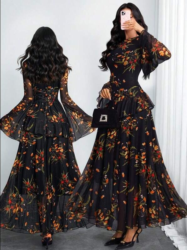Women's Gothic Elegant Sexy Retro Trumpet Long Sleeve Romantic Colorful Double-Layer Long Sleeve Asymmetrical Large Dress Dress, Suitable For Daily Dates, Festivals And Vacations. product image (1)