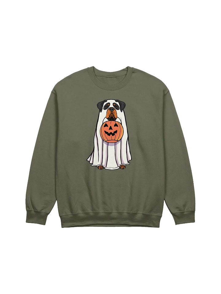 Funny Halloween Rottweiler Sweatshirt | Funny Rottie Wearing a Ghost Costume and Holding a Pumpkin Basket product image (1)