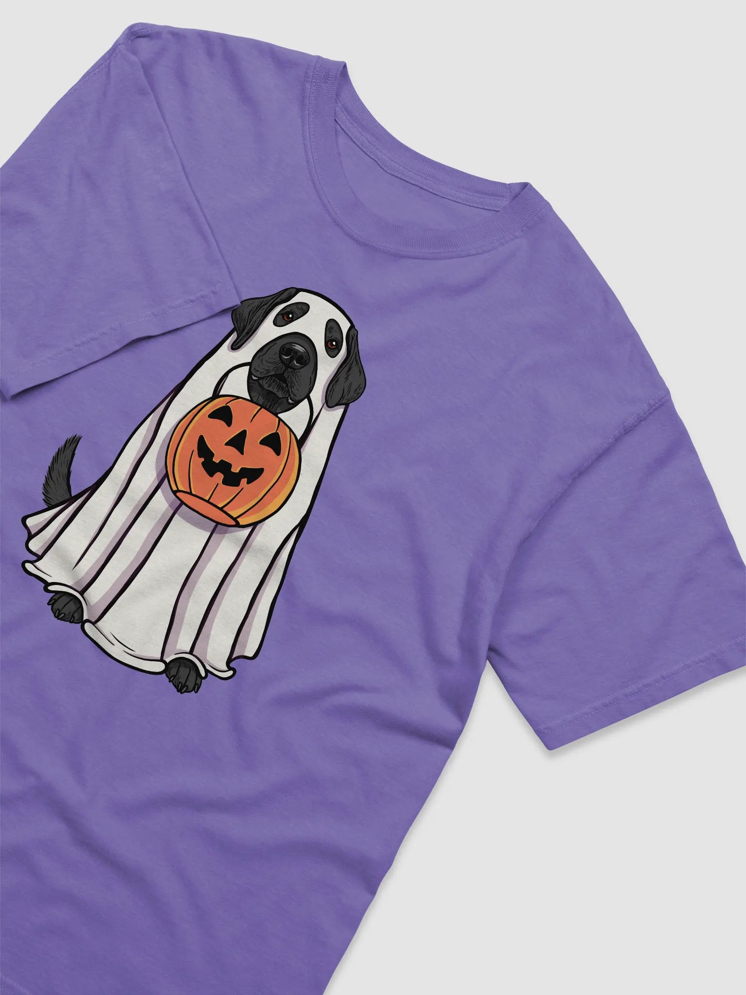 Funny Halloween Labrador Retriever(Black) T-Shirt | Funny Labrador Wearing a Ghost Costume and Holding a Pumpkin Basket product image (6)