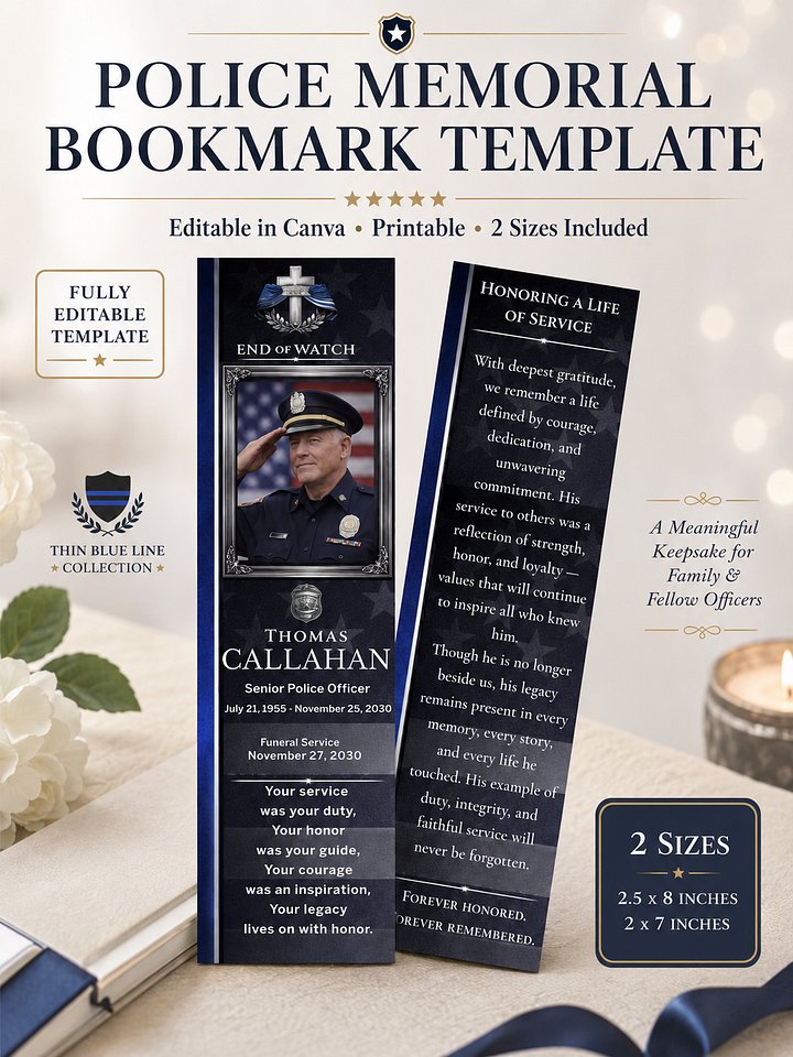 Police Memorial Bookmark Template, Thin Blue Line Law Enforcement Keepsake product image (1)
