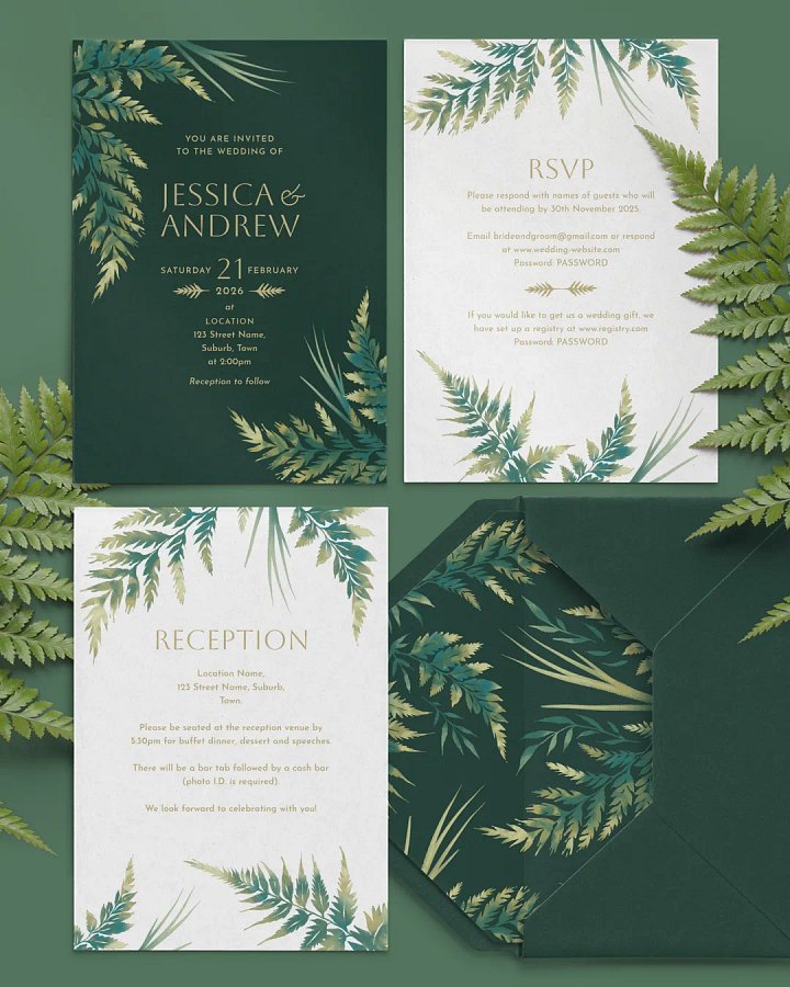 Watercolour Ferns Wedding Invitation Suite - Green product image (2)