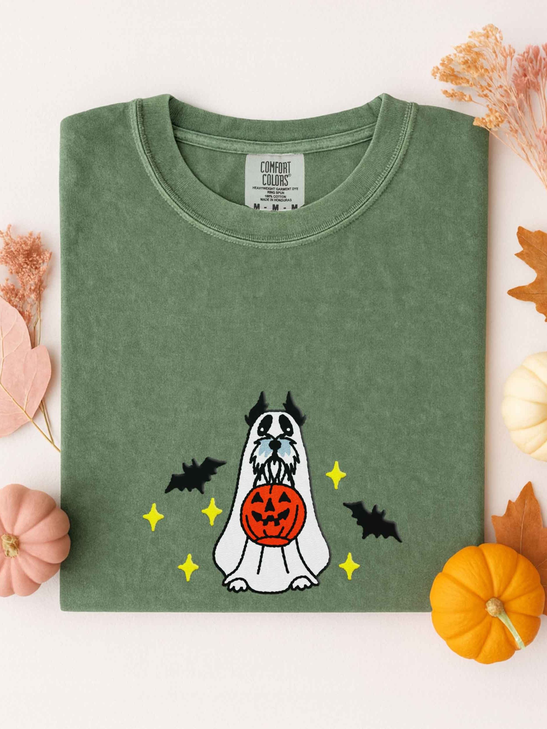 Halloween Miniature Schnauzer(Black & Silver, Cropped Ears) Embroidered T-Shirt product image (1)