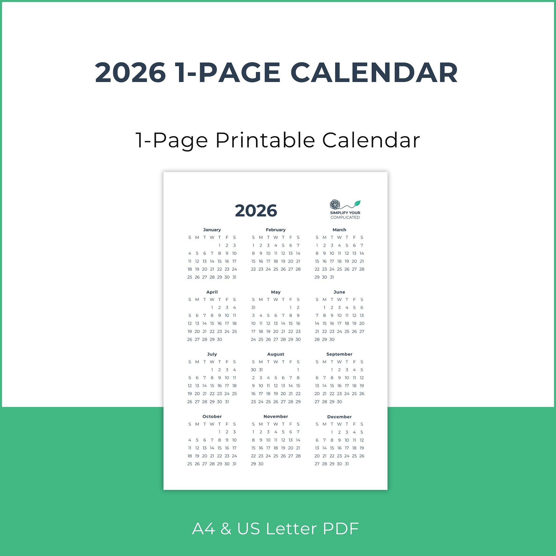 2026 One-Page Calendar product image (1)