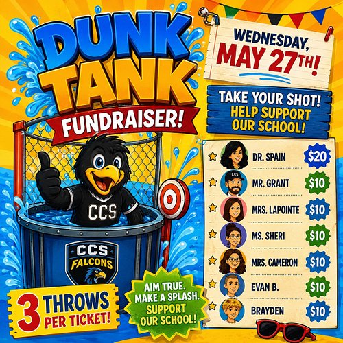 💦🎯 TOMORROW’S THE DAY! 🎯💦

The CCS Dunk Tank Fundraiser is happening TOMORROW and it’s going to be a blast! 

Who’s getting d...