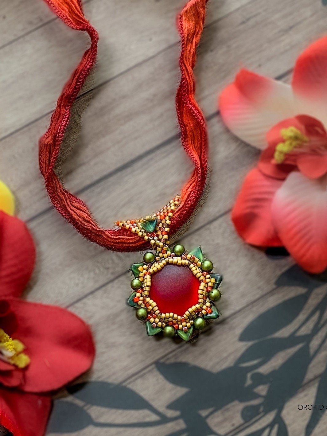 Velvet Queen Beaded Pendant Necklace on Red Ribbon product image (1)