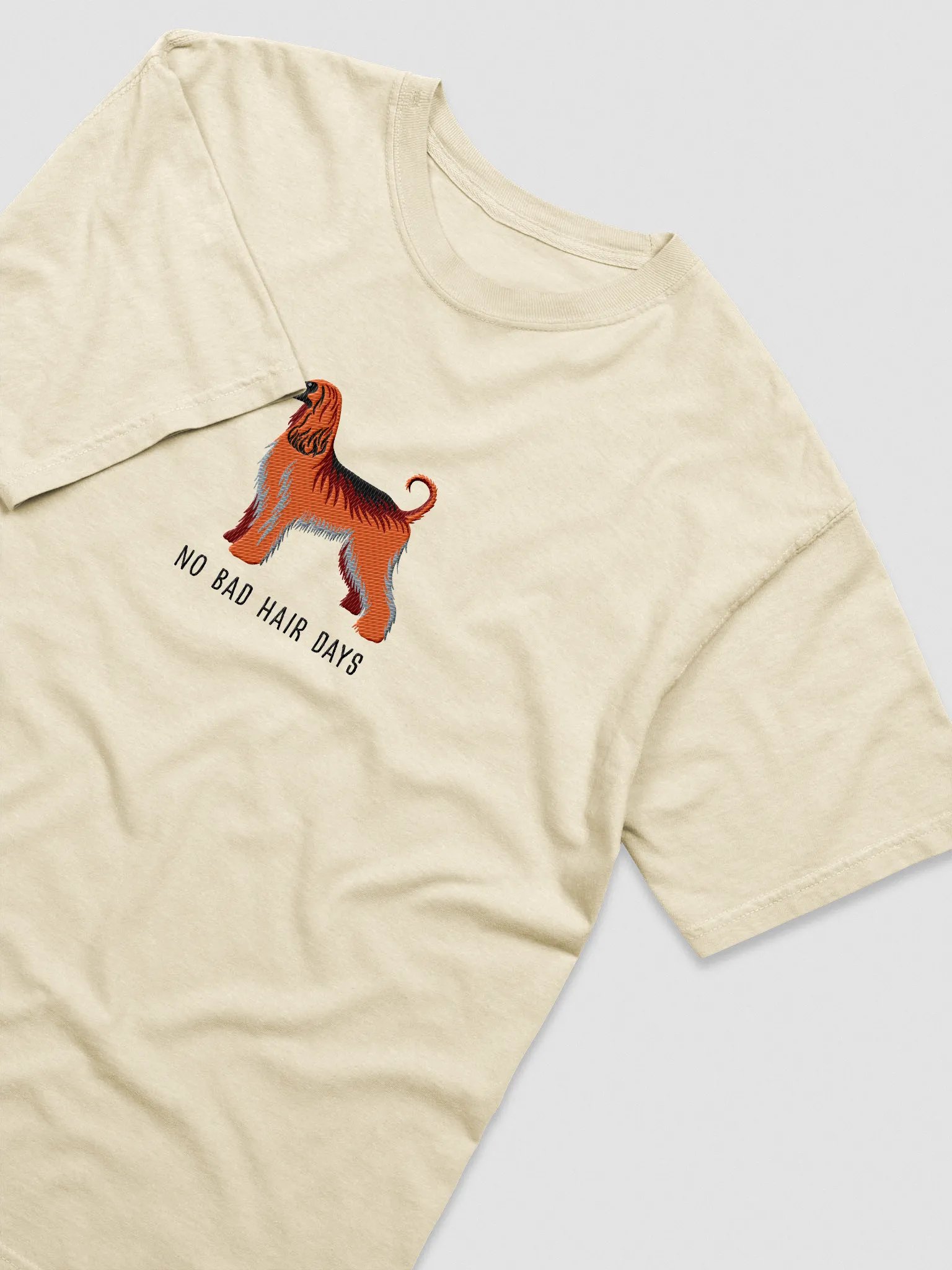 No Bad Hair Days T-Shirt(Embroidered) of an Afghan Hound(Red) product image (6)