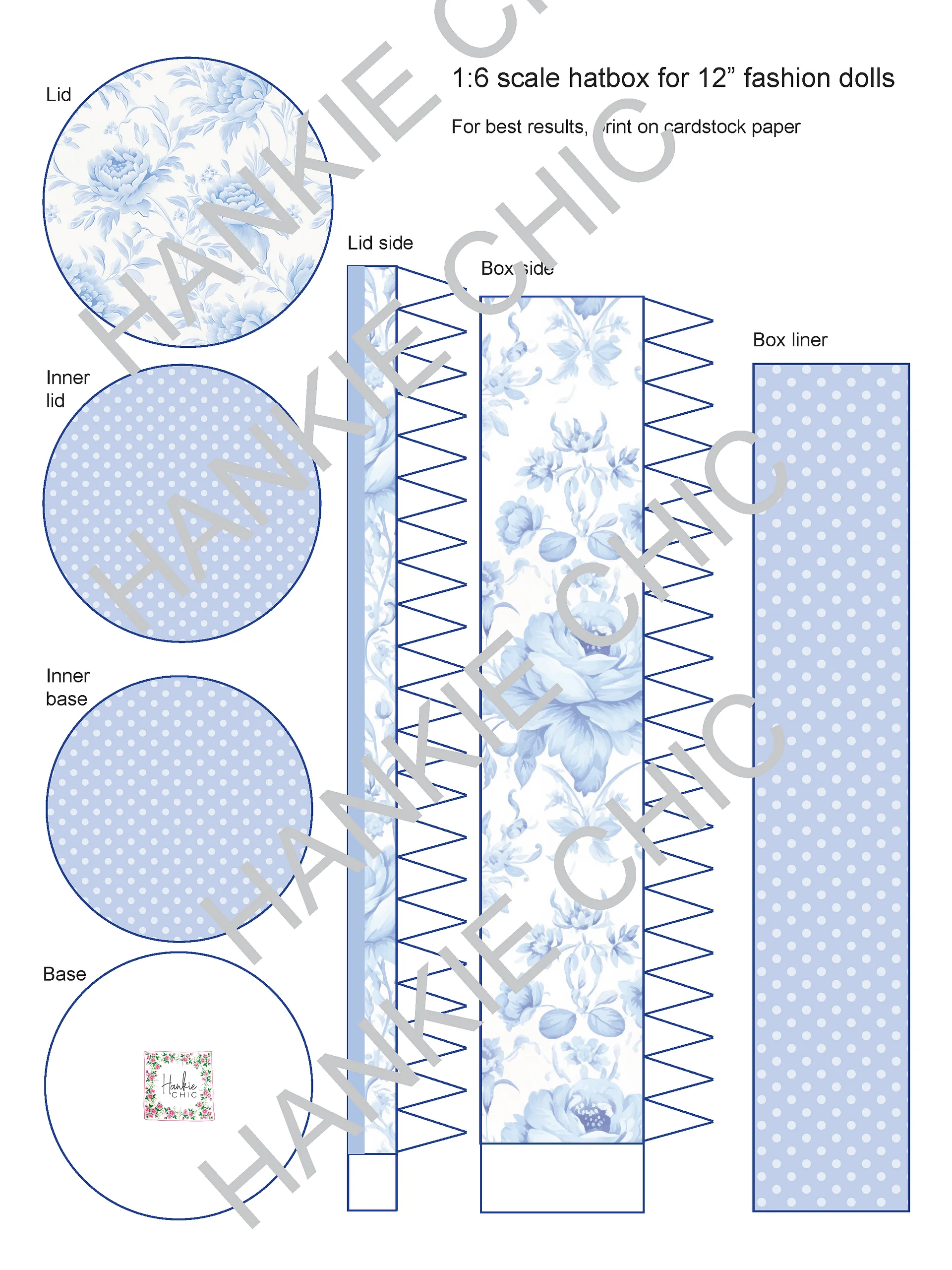 1:6 scale printable PDF hatboxes for 12" fashion dolls product image (7)