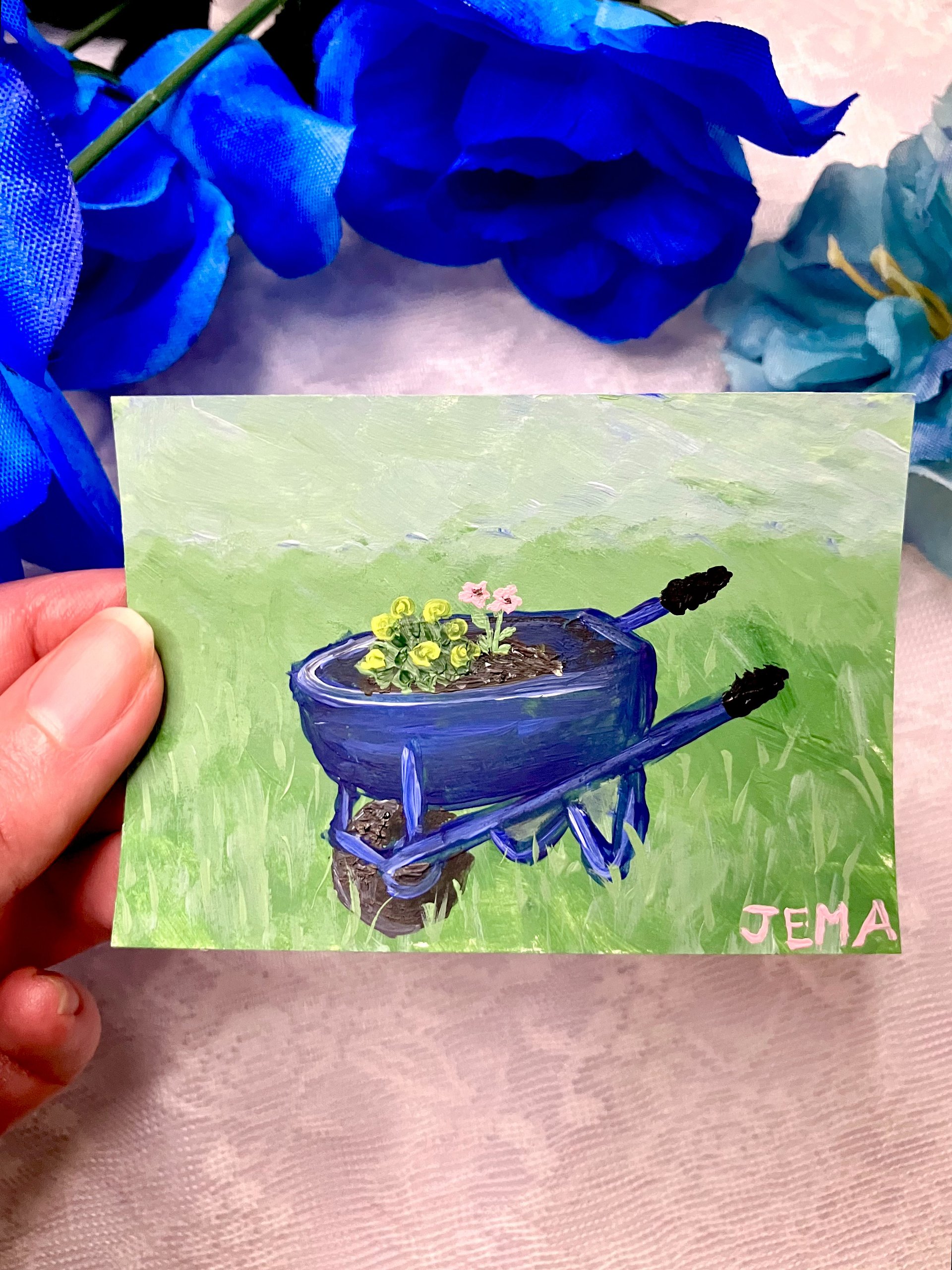 Wheelbarrow Garden ACEO Original Acrylic Painting product image (1)