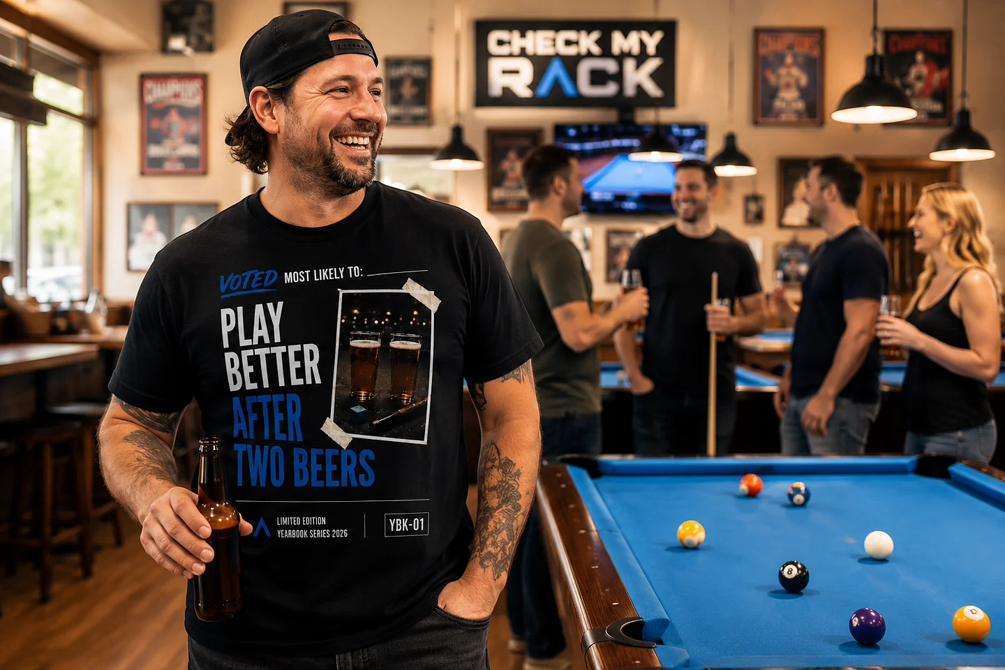 Check My Rack Yearbook Series pool player wearing the Play Better After Two Beers pool tshirt