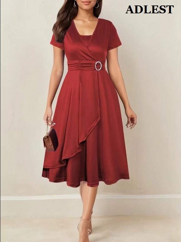 ADLEST Elegant Ruched V-Neck Black Mini Dress - Boho Style Short Sleeve Fitted Party Wear product image (4)