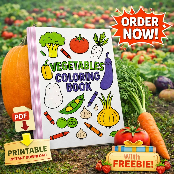 Printable Vegetables Coloring Book for Kids | 30 Fun Pages | A4 PDF | Instant Download + Freebies product image (1)