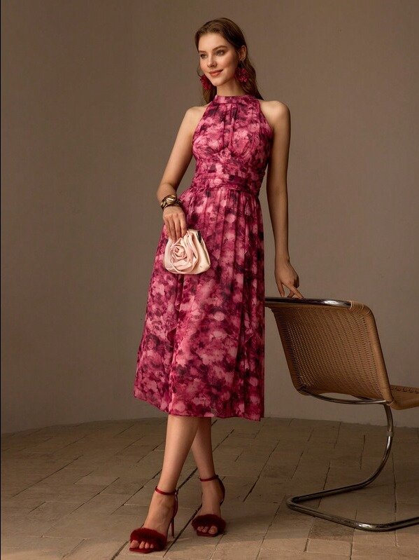 MOTF Premium Burgundy Mesh Overlay Floral Midi Dress - Elegant Ruched Waist Evening Wear for Women product image (2)