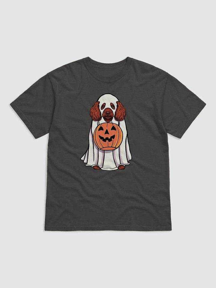 Funny Halloween Mini Poodle(Red) T-Shirt | Funny Poodle Wearing a Ghost Costume and Holding a Pumpkin Basket product image (1)