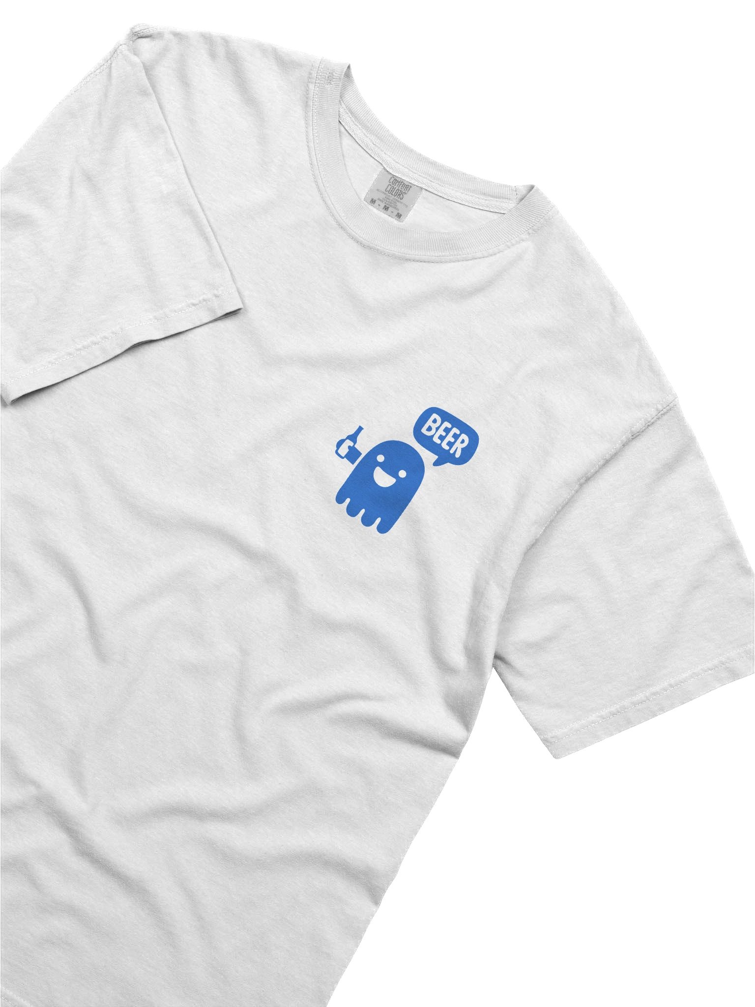 Funny Blue Ghost Beer T-Shirt – White Pocket Print Tee with Cute Ghost Drinking Beer Design product image (82)
