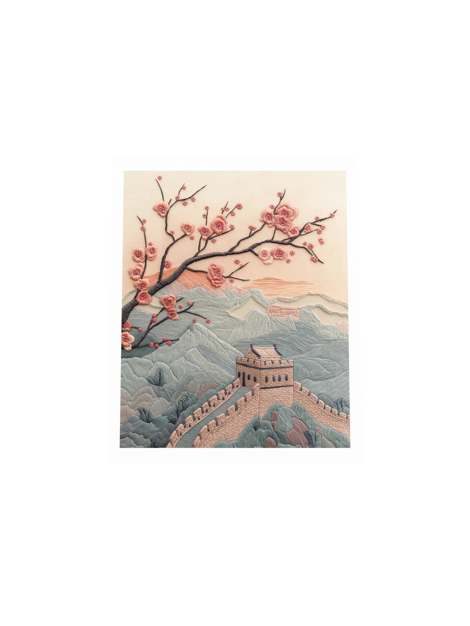 Spring Along the Great Wall | Embroidery-Style Wall Art — Unframed Print product image (4)