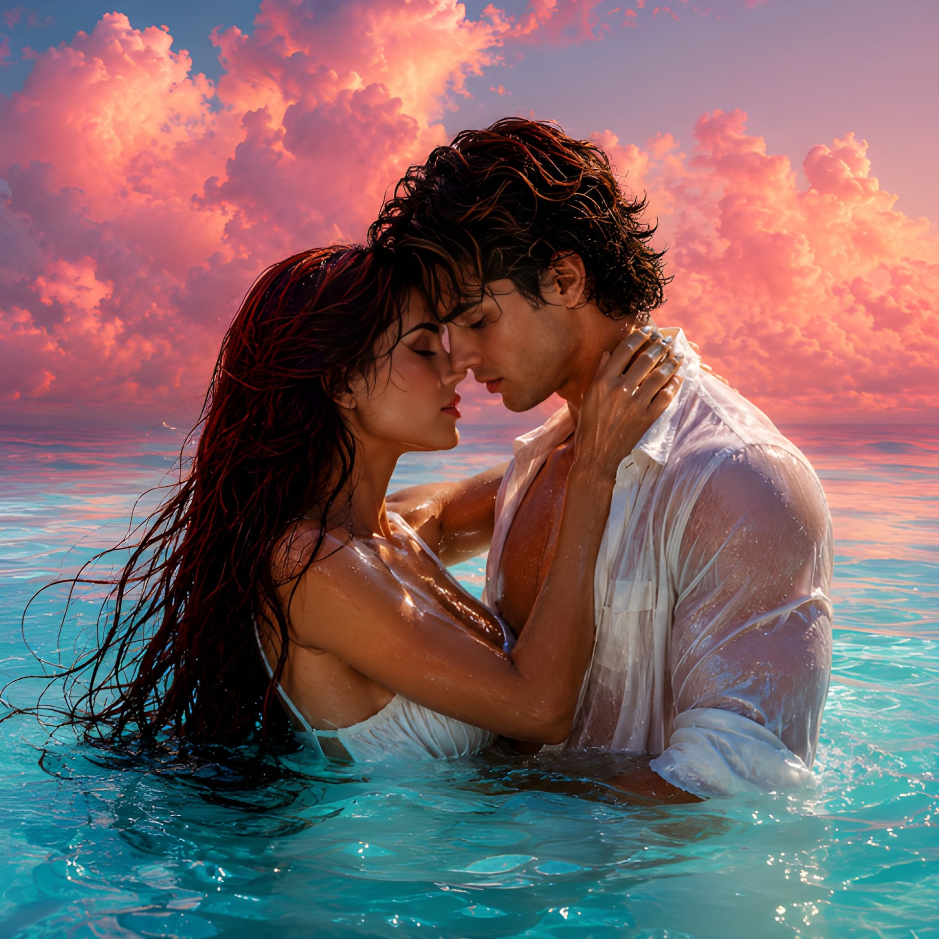 Sunset In Your Arms Romantic Ocean Couple Fantasy Art Print For Bedroom Wall Decor product image (2)