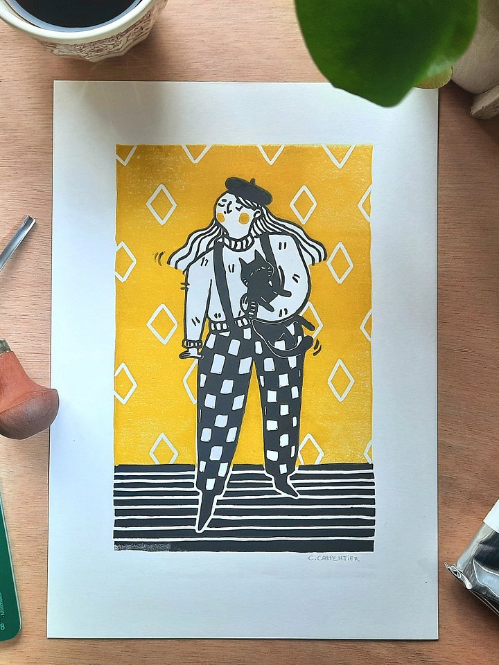 70s Girl with Black Cat Lino Print A4 product image (1)