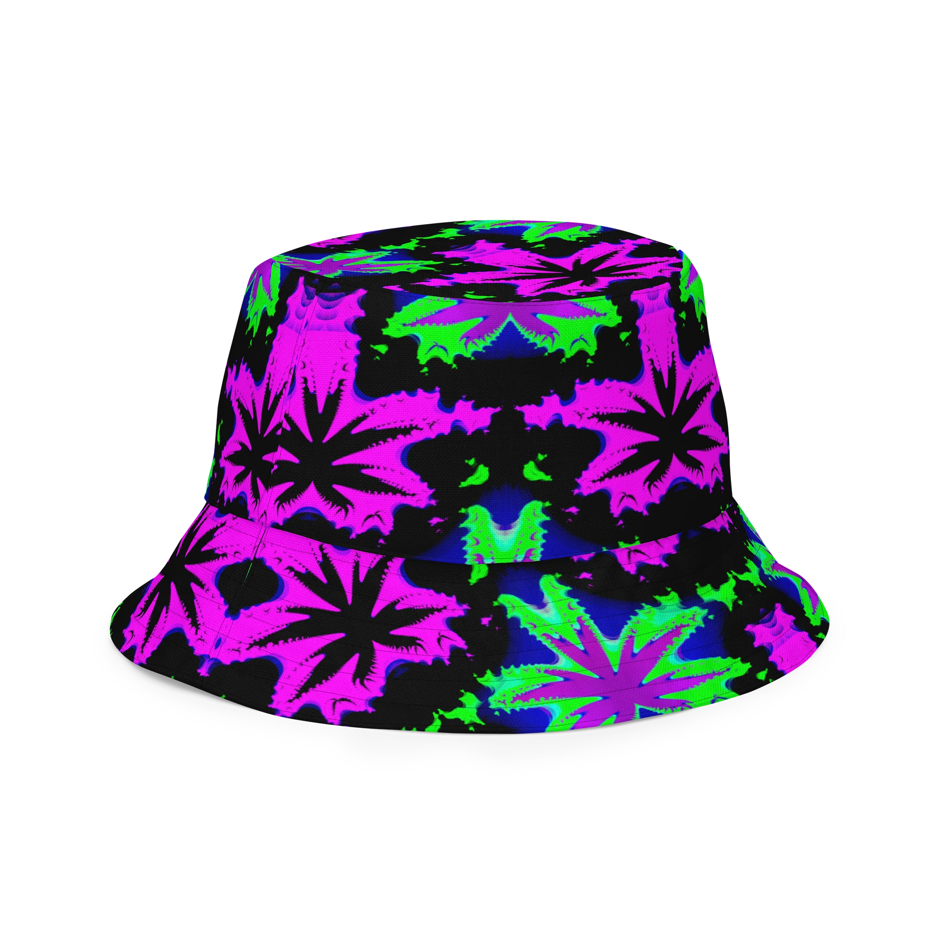 Psychedelic Stoner Raver Reversible Bucket Hat, Weird Weed Leaf 420 Festival Fashion Accessory, Kaleidoscope Star Trippy Cannabis Art product image (4)