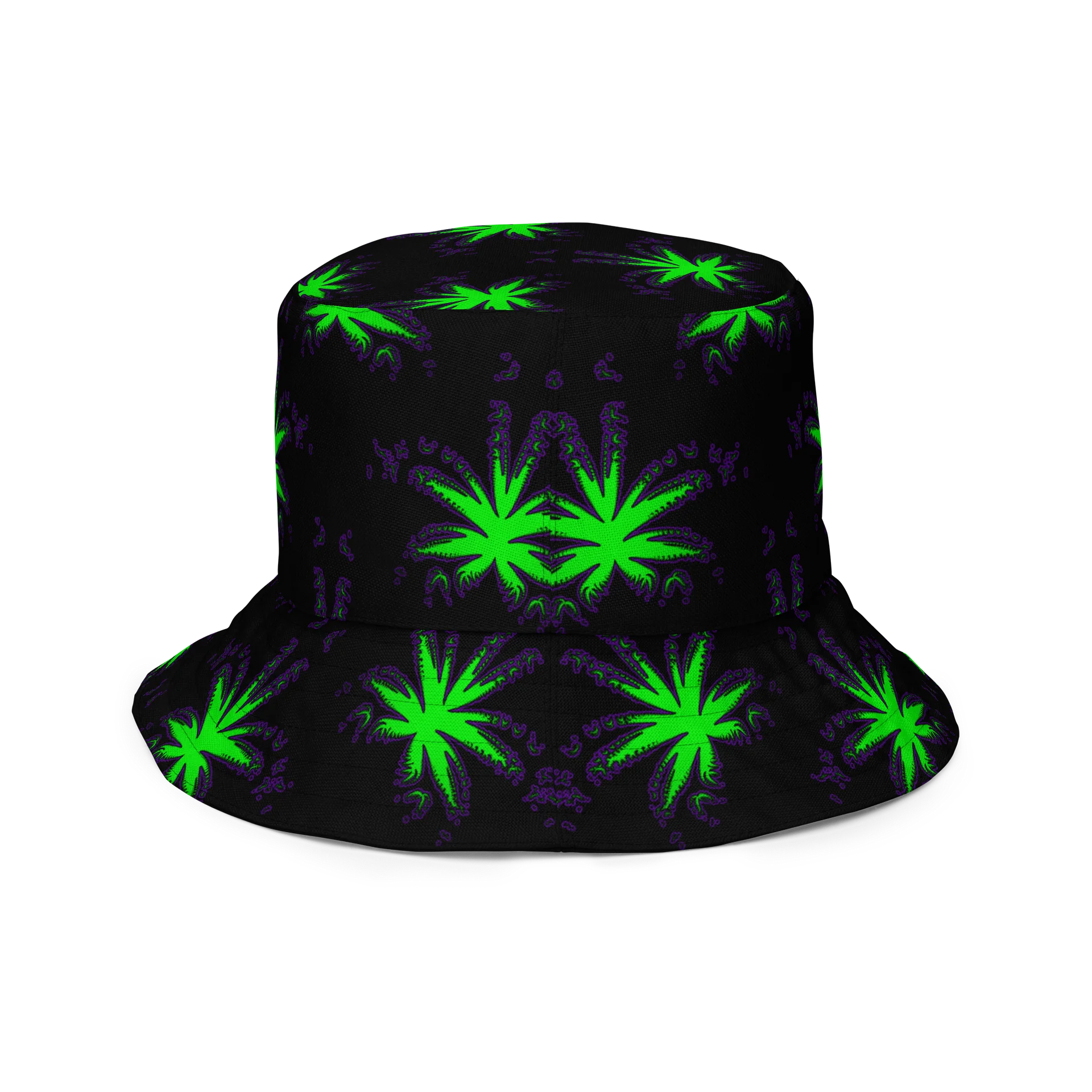 Cannabis Reversible Bucket Hat, 420 Rave Stoner Accessory, Pot Leaf Pattern Festival Fashion, Black Neon Green Purple Weird Weed Art product image (10)